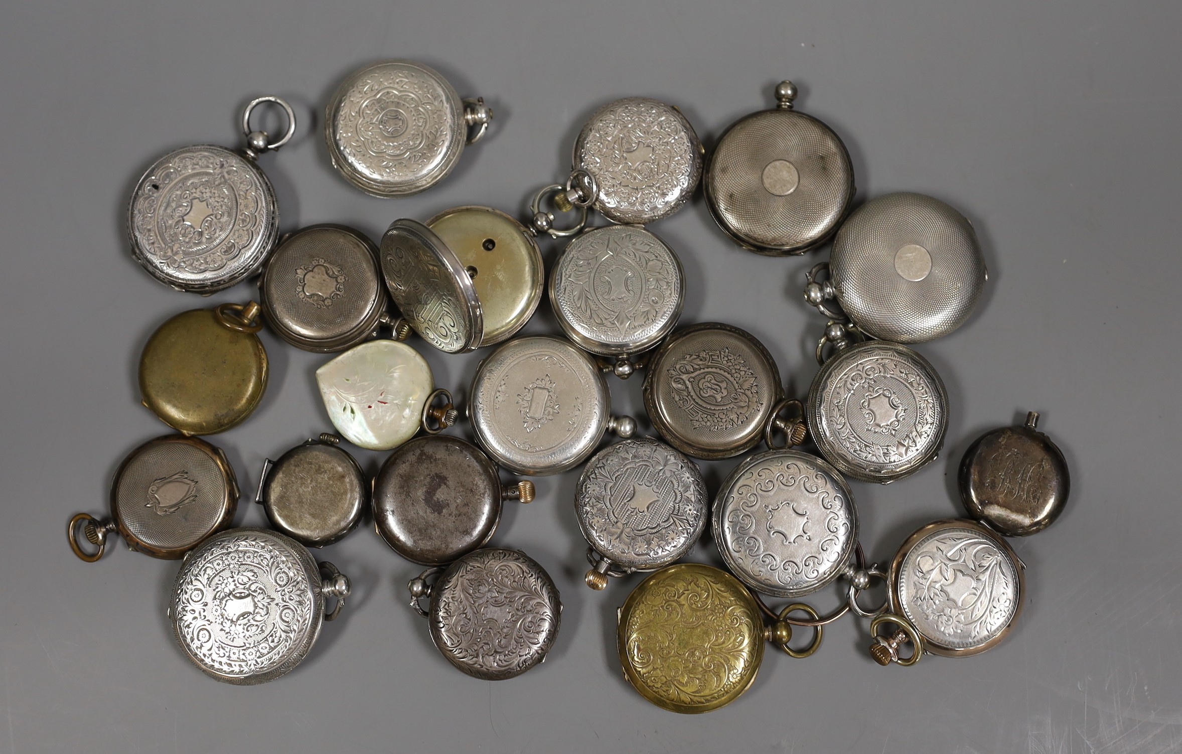 A collection of twenty five assorted mainly silver or white metal cased fob watches including Swiss, three gilt metal and one mother of pearl